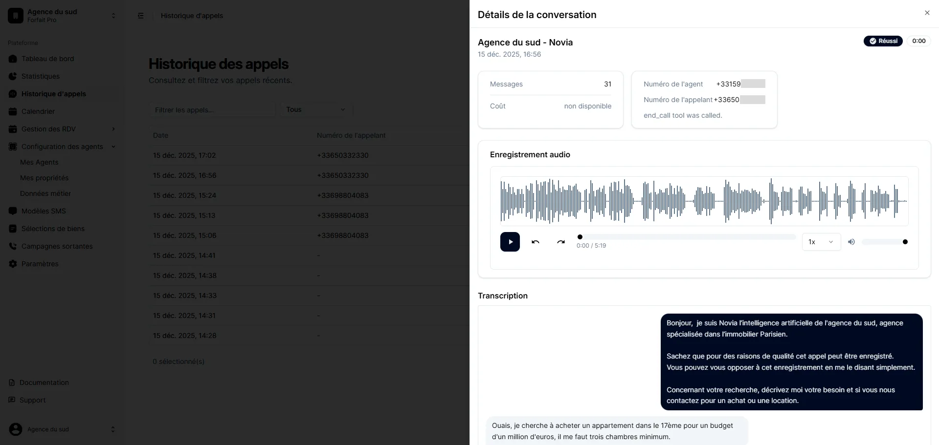 Historique des appels