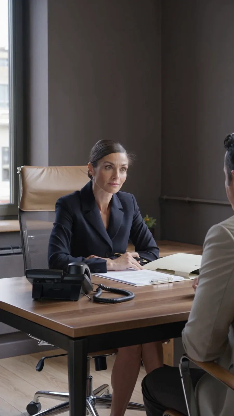 Avocate en rendez-vous avec un client dans son cabinet, téléphone posé sur le bureau