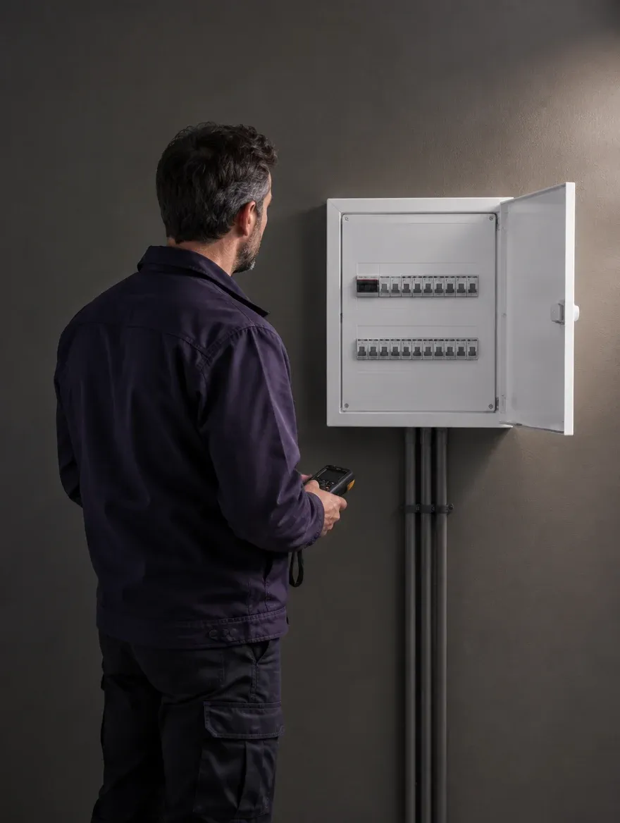 Électricien devant un tableau électrique ouvert, testeur à la main
