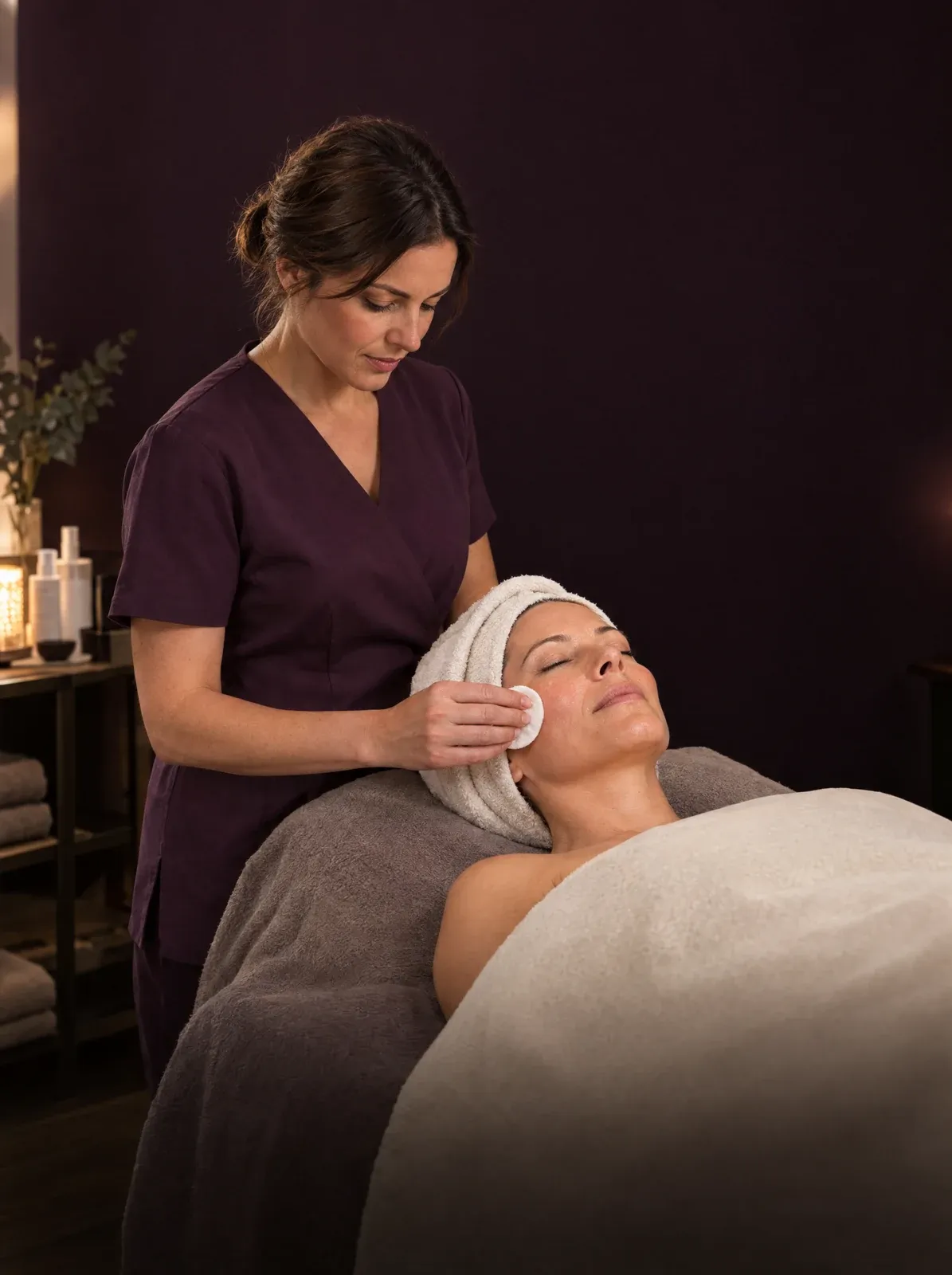 Esthéticienne qui réalise un soin du visage à une cliente allongée dans son institut de beauté