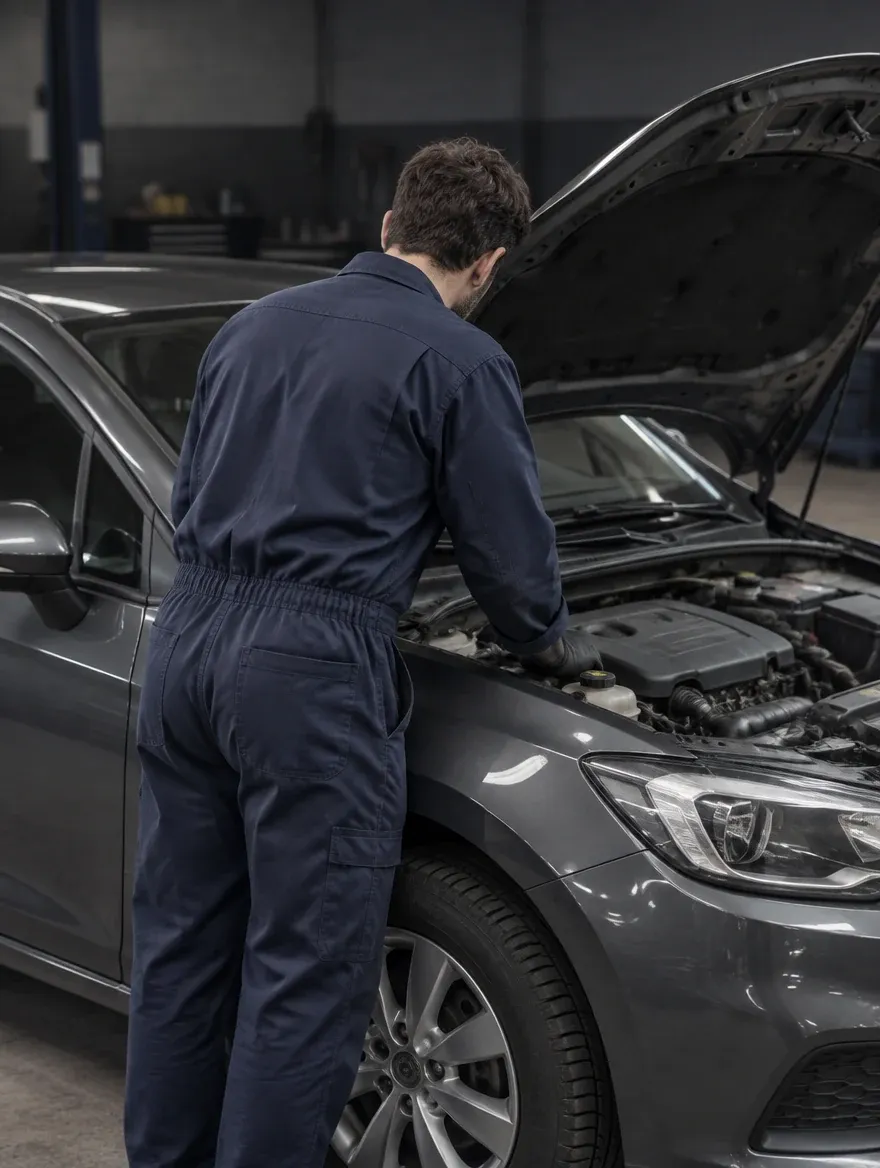Mécanicien de garage automobile penché sur le moteur d'une voiture, capot ouvert