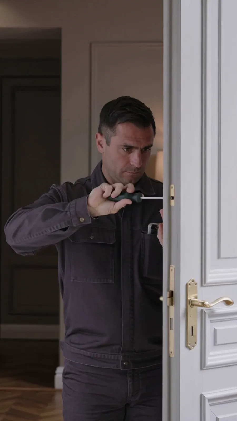 Serrurier qui répare la serrure d'une porte d'appartement avec un tournevis