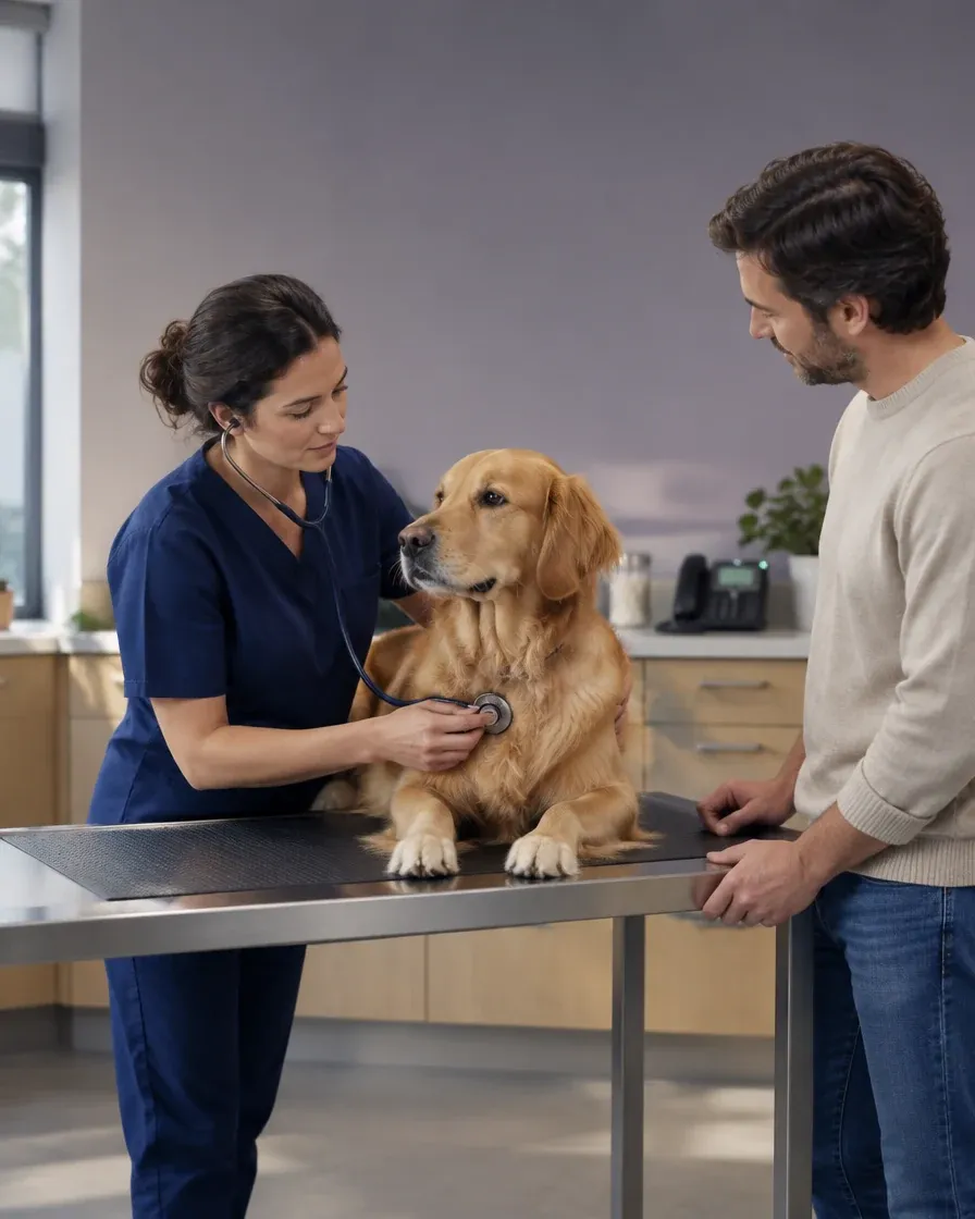 Vétérinaire qui ausculte un golden retriever en consultation, aux côtés de son propriétaire
